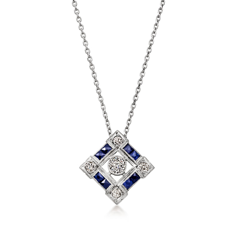 C. 2000 Vintage .30 ct. t.w. Synthetic Sapphire Pendant Necklace with .31 ct. t.w. Diamonds in Platinum. 18"