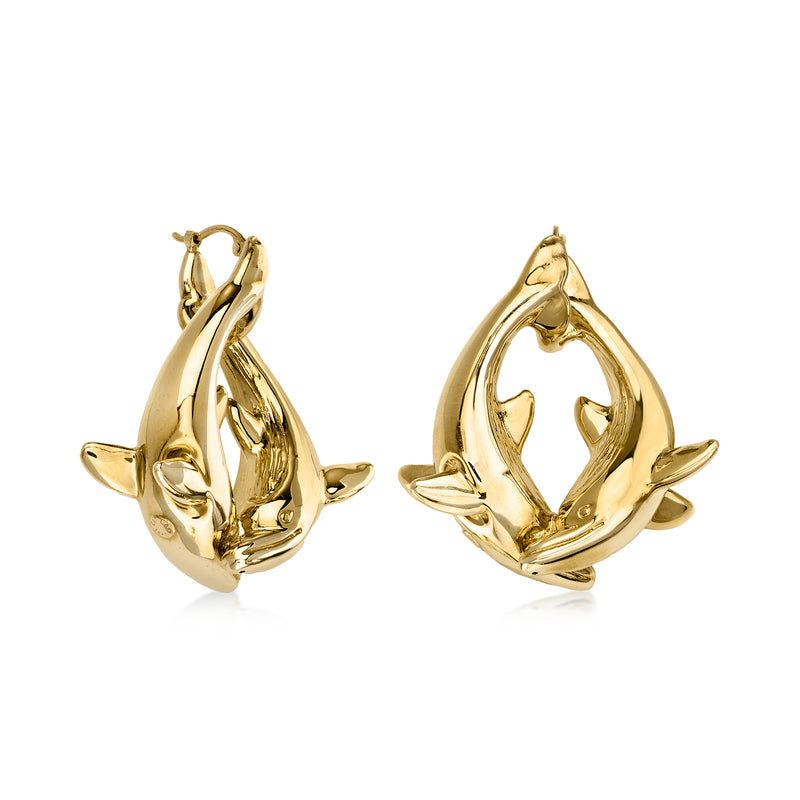 C. 1980 Vintage 14kt Yellow Gold Double Dolphin Hoop Earrings. 1 1/4"