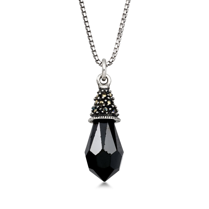 C. 1990 Vintage Simulated Onyx Pendant Necklace with Marcasites in Sterling Silver. 18"