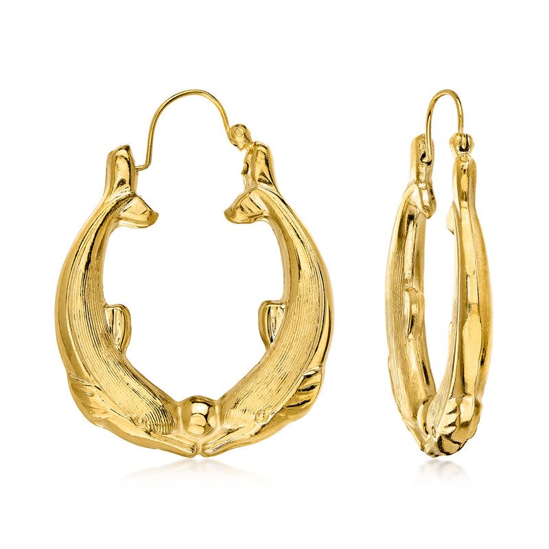 C. 1980 Vintage 14kt Yellow Gold Double Dolphin Hoop Earrings. 1 1/2"
