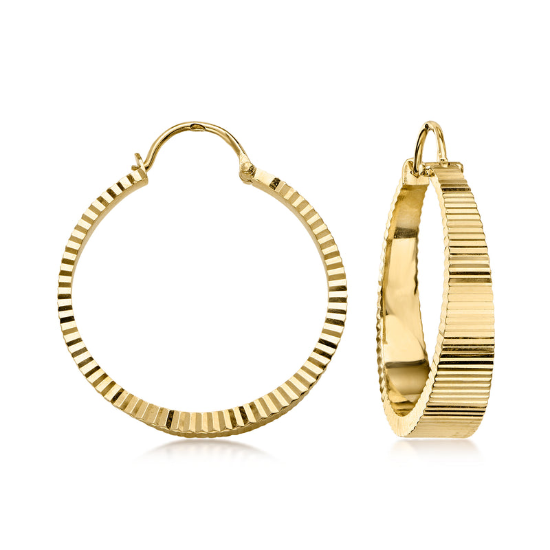 C. 1990 Vintage 14kt Yellow Gold Ridged Hoop Earrings. 1 3/16"