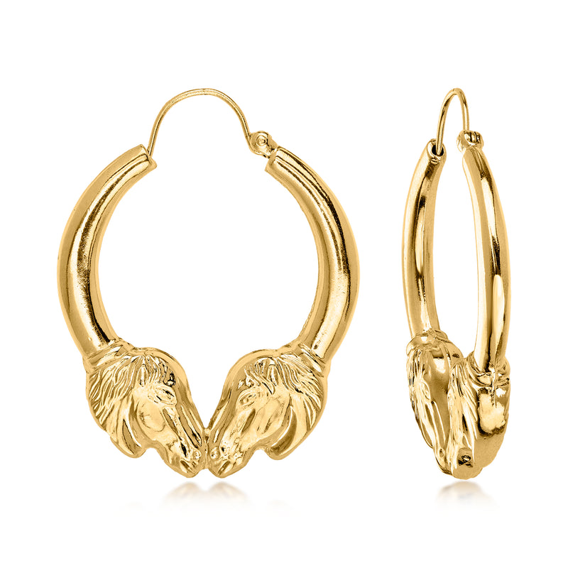 C. 1980 Vintage Gold Filled Double Horse Head Hoop Earrings. 1 1/2"