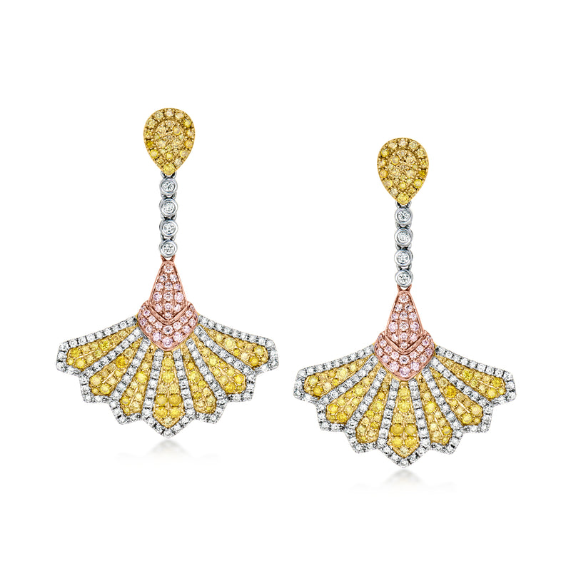 C. 2000 Vintage 4.25 ct. t.w. Yellow, White and Pink Diamond Fan Drop Earrings in 14kt Tri-Colored Gold