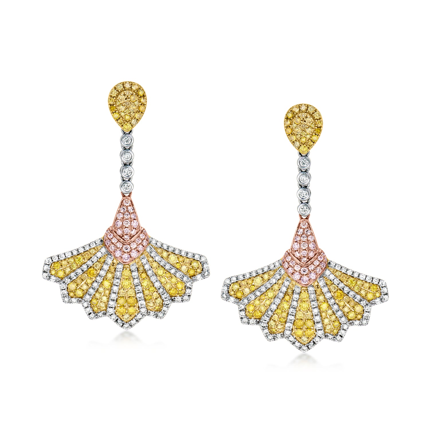 C. 2000 Vintage 4.25 ct. t.w. Yellow, White and Pink Diamond Fan Drop Earrings in 14kt Tri-Colored Gold