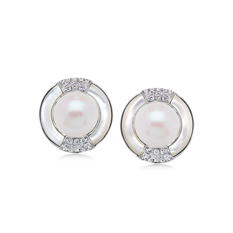 10-11mm Cultured Pearl and .36 ct. t.w. Diamond Earrings with Mother-of-Pearl in 14kt White Gold