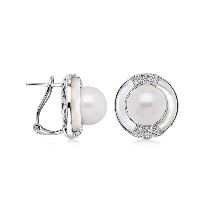 10-11mm Cultured Pearl and .36 ct. t.w. Diamond Earrings with Mother-of-Pearl in 14kt White Gold