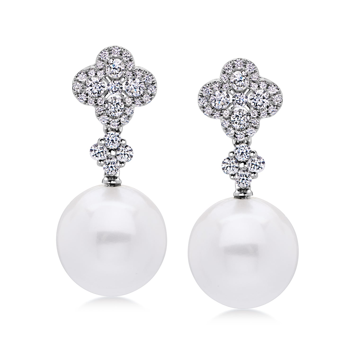 11-12mm Cultured Pearl and .37 ct. t.w. Diamond Floral Drop Earrings in 18kt White Gold