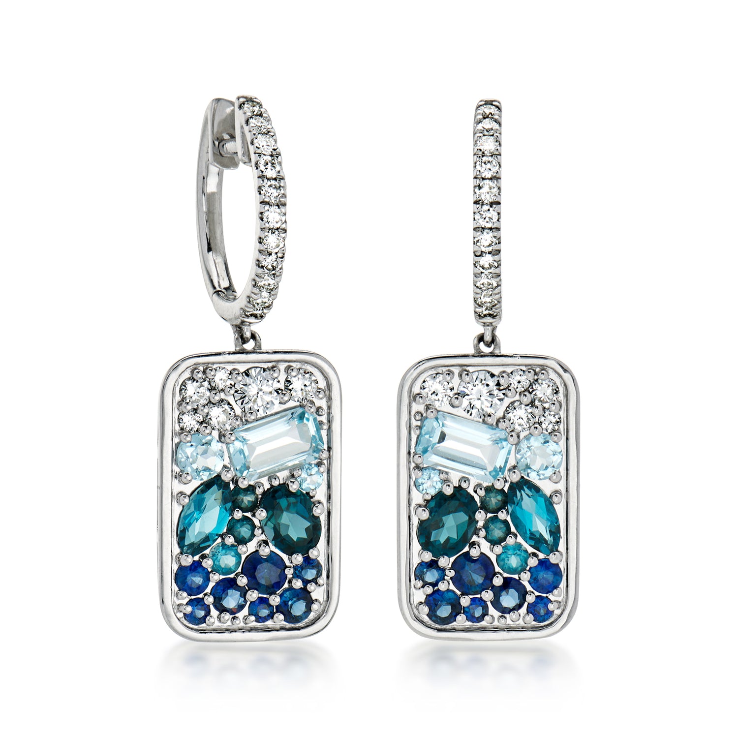 2.00 ct. t.w. Tonal Blue Multi-Gem Mosaic Drop Earrings with .50 ct. t.w. Lab Grown Diamonds in Sterling Silver