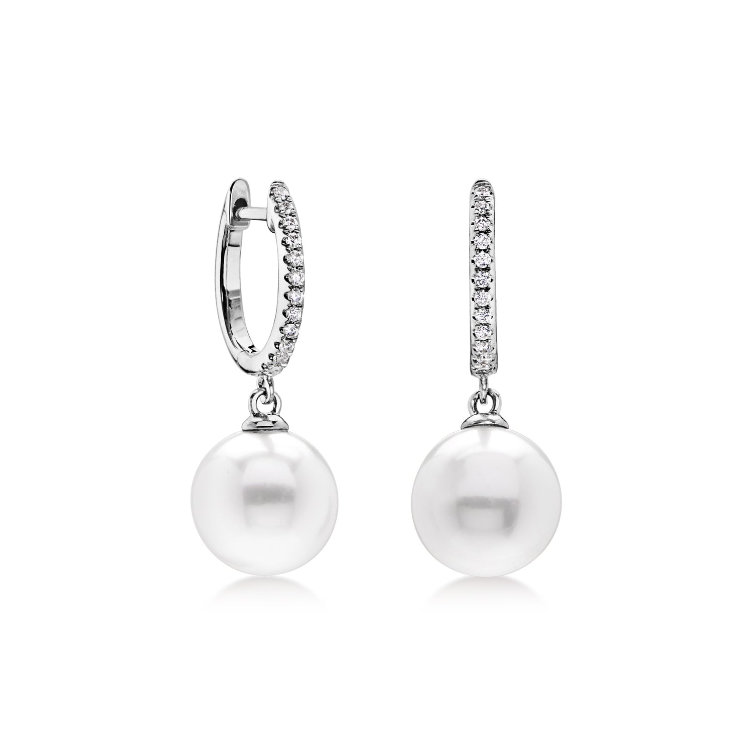 9-9.5mm Cultured Pearl Hoop Drop Earrings with Diamonds in 14kt White Gold
