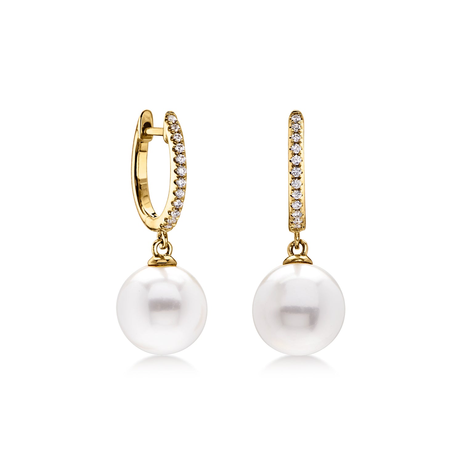 9-9.5mm Cultured Pearl Hoop Drop Earrings with Diamonds in 14kt Yellow Gold