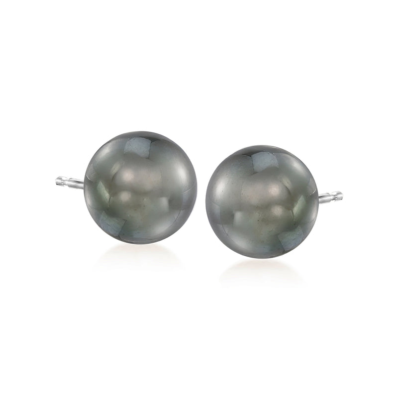 Cultured Tahitian pearl stud earrings with dark gray round pearls and white gold posts