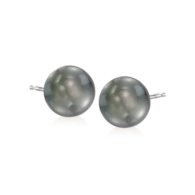 Black cultured pearl stud earrings with round 9–10mm pearls and white-gold posts