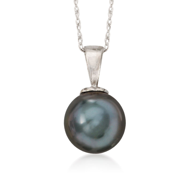 Pearl pendant necklace with dark round Tahitian-style black pearl in white gold setting