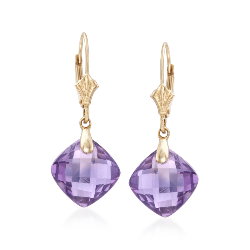 14kt yellow gold leverback amethyst drop earrings with faceted purple teardrop
