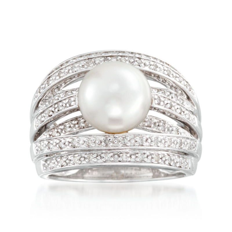 Sterling silver pearl and diamond highway ring with large white cultured pearl center