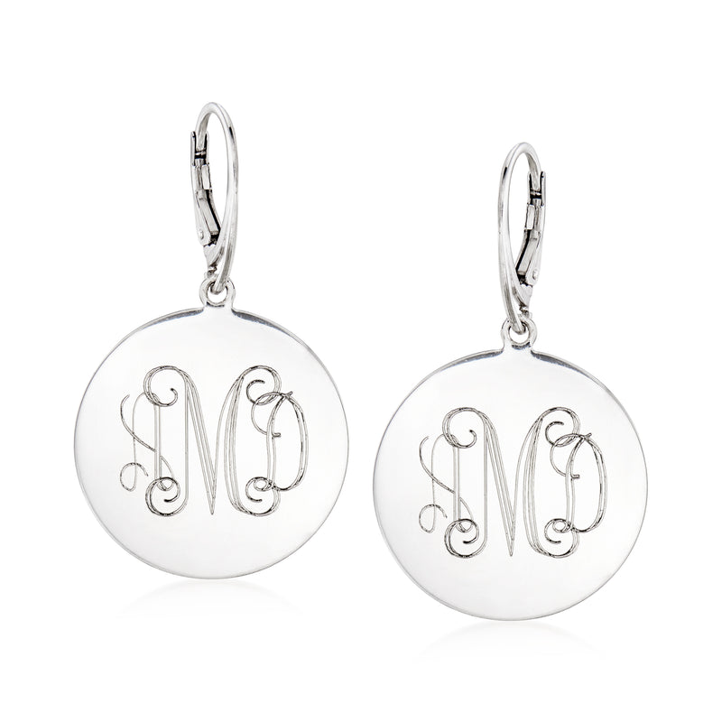 Sterling silver disc drop earrings with monogram initial, leverback closure
