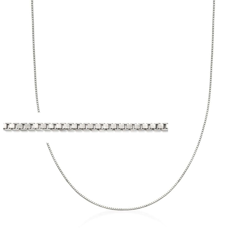 Sterling silver box-chain necklace with 1mm links, flat lay view