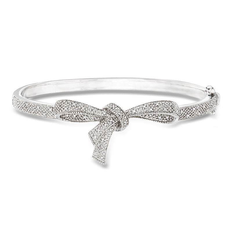 Sterling silver diamond bow bangle bracelet with pavé detail