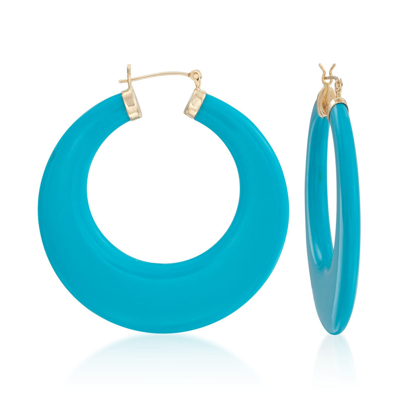 Turquoise resin hoop earrings with 14kt yellow gold posts, open circle design