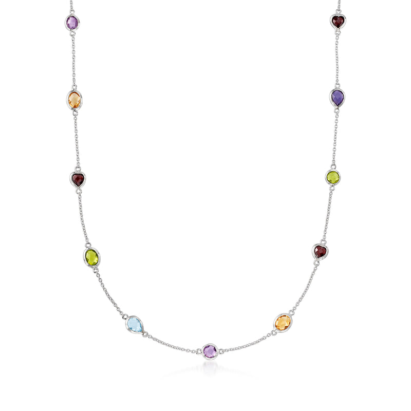 Sterling silver station necklace with multicolor gemstone stations in a linked line