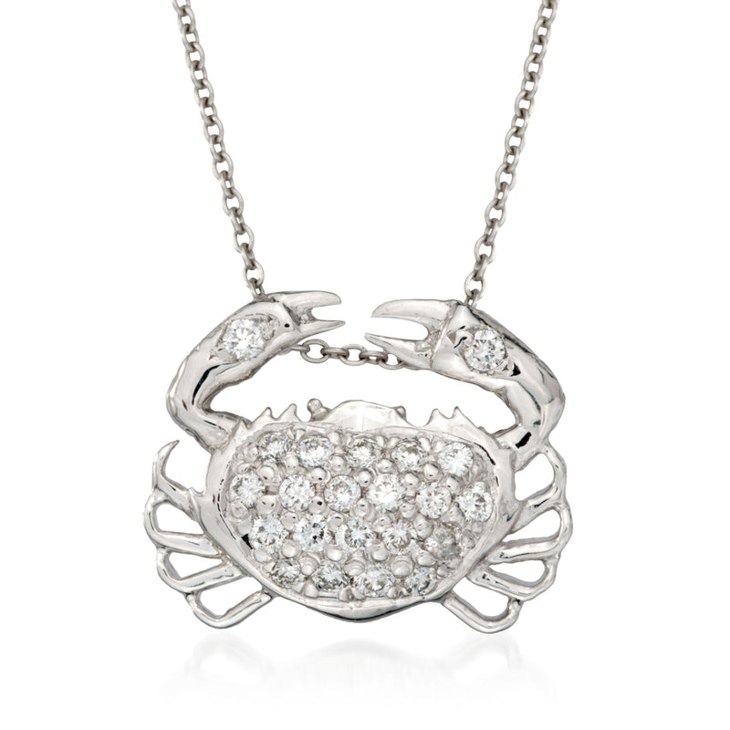18k white gold diamond crab pendant necklace with oval cluster stone face