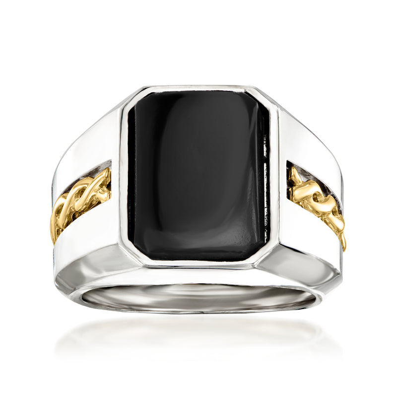 Sterling silver men's ring with black onyx rectangular centerpiece and yellow gold side accents