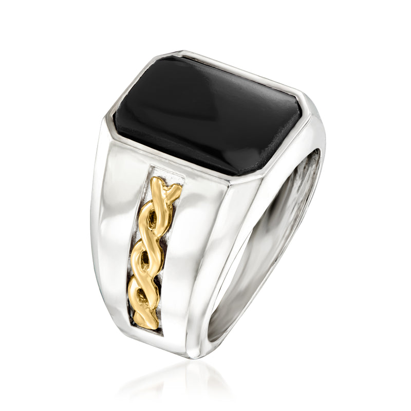 Sterling silver men's ring with black onyx and yellow gold inset accent, angled side view