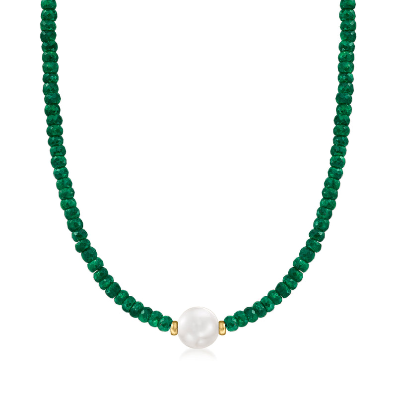 Cultured pearl pendant emerald bead necklace with 14kt yellow gold spacers