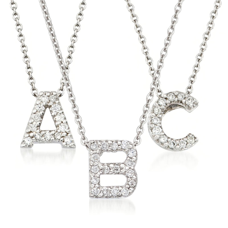 Roberto Coin diamond initial pendant necklace with A, B, and C letters in white gold.