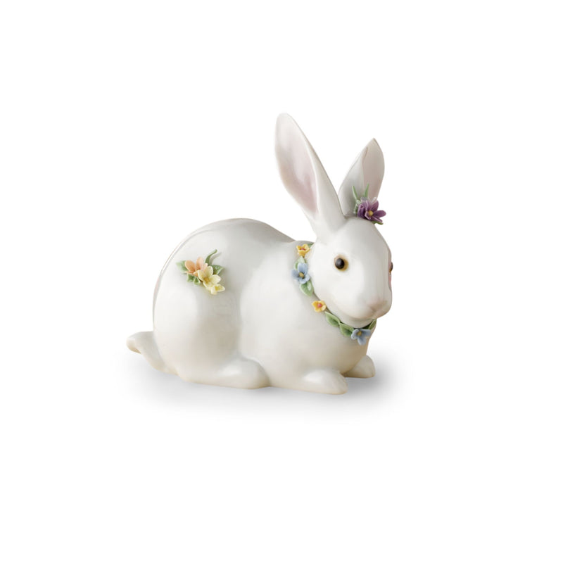 Lladro porcelain bunny figurine with flower accents, white with pastel blooms