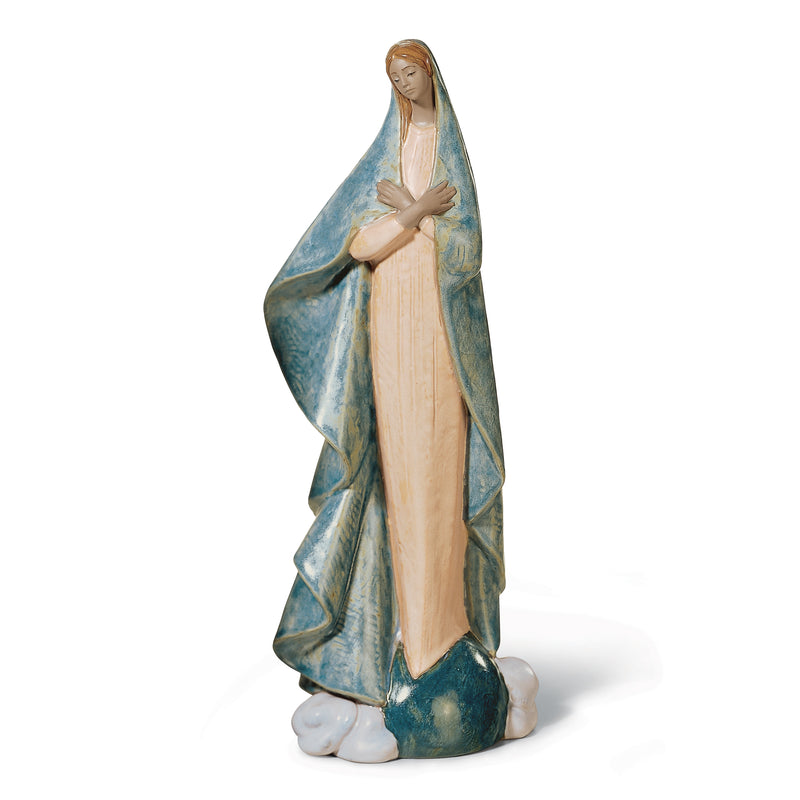 Lladro porcelain figurine of Holy Mother in cream robe with blue veil, hands together