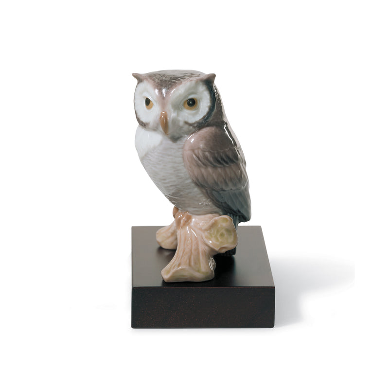 Lladro porcelain owl figurine with pale gray body, green eyes, perched on dark base
