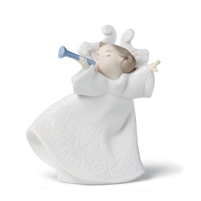 White ceramic music figurine holding a blue horn, seated with raised arms