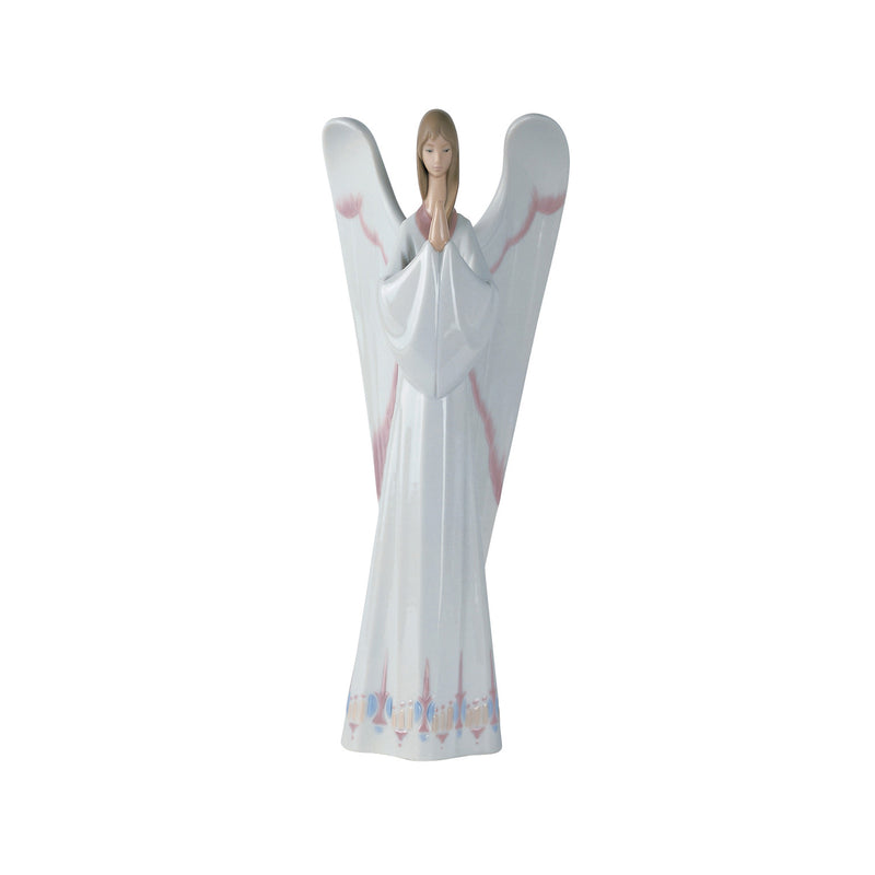 Nao porcelain angel figurine in white gown, wings open, hands together in prayer