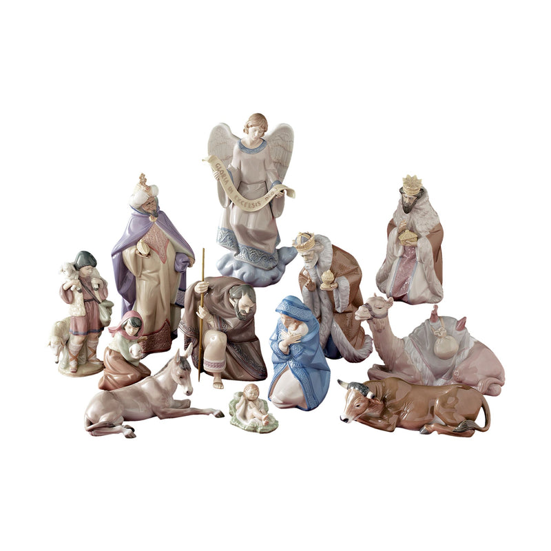 Porcelain Nativity figurines set with angel, Mary, Joseph, baby Jesus and animals