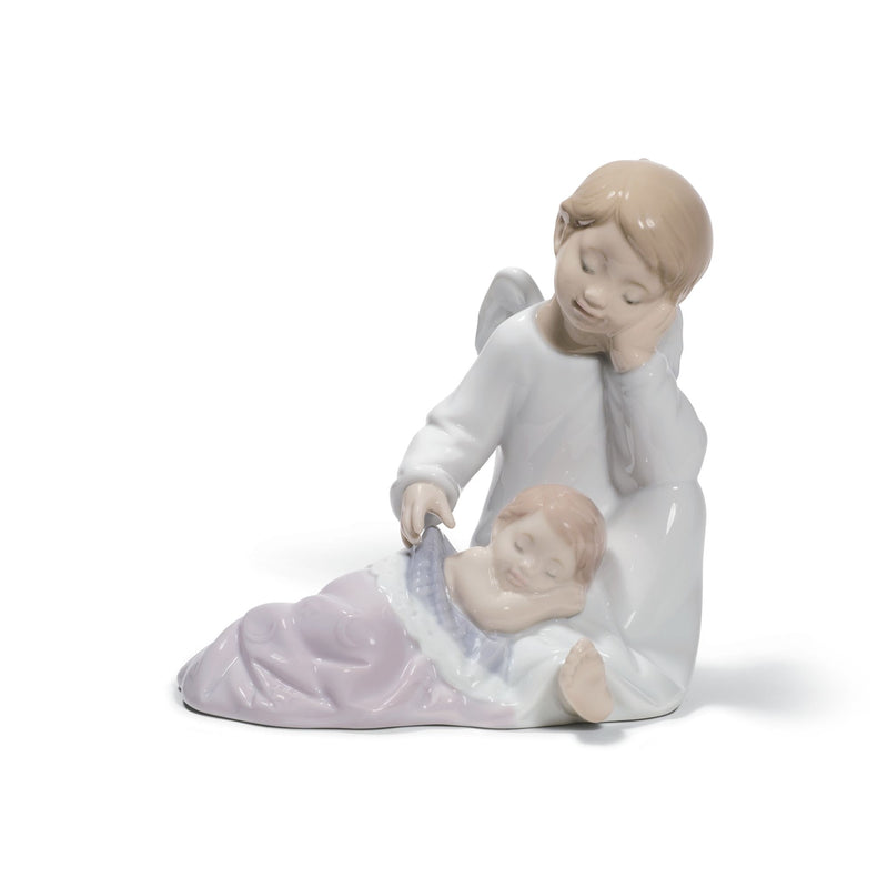 Lladro porcelain angel figurine kneeling with baby in pale blue outfit
