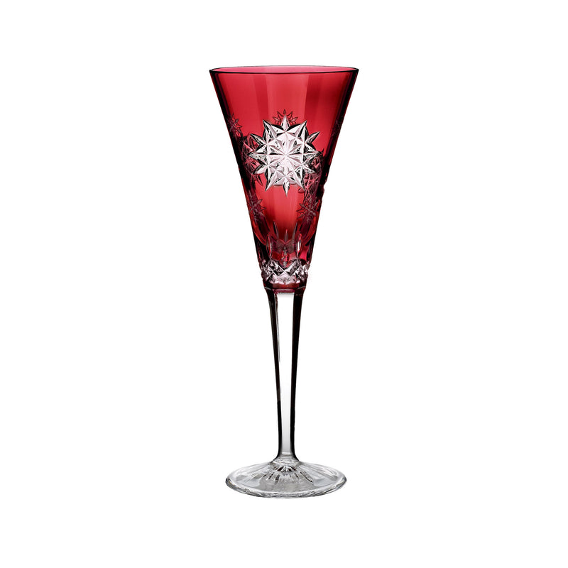 Ruby red crystal flute with starburst snowflake cut design