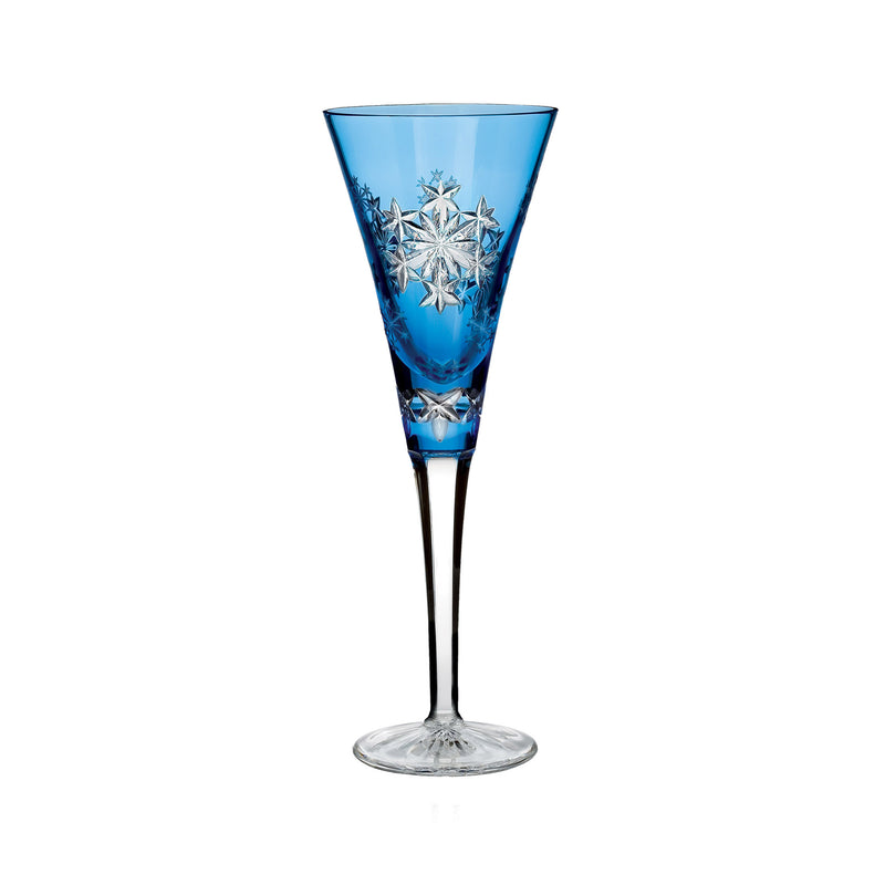 Light blue crystal champagne flute with detailed snowflake cutouts