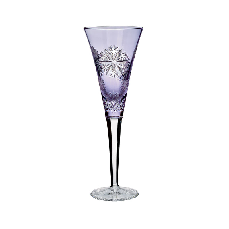 Waterford Crystal prestige flute with lavender tint and engraved snowflake pattern