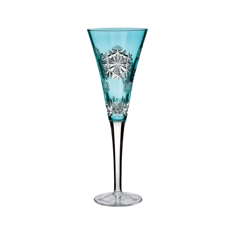 Aqua blue crystal flute with etched snowflake pattern and clear stem