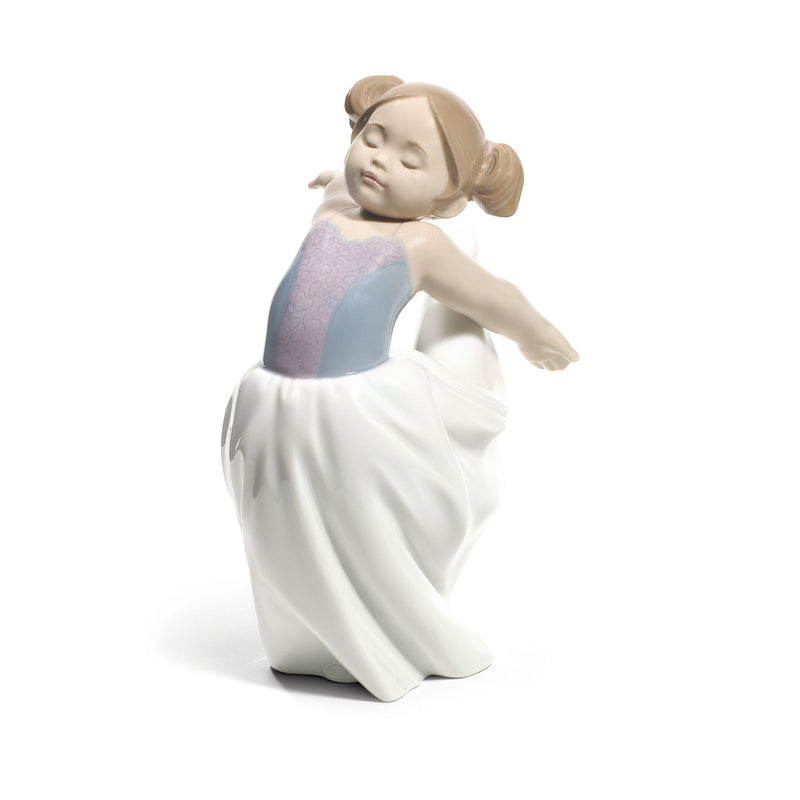 Nao porcelain figurine of a ballerina kneeling in blue and white dress, pink sash