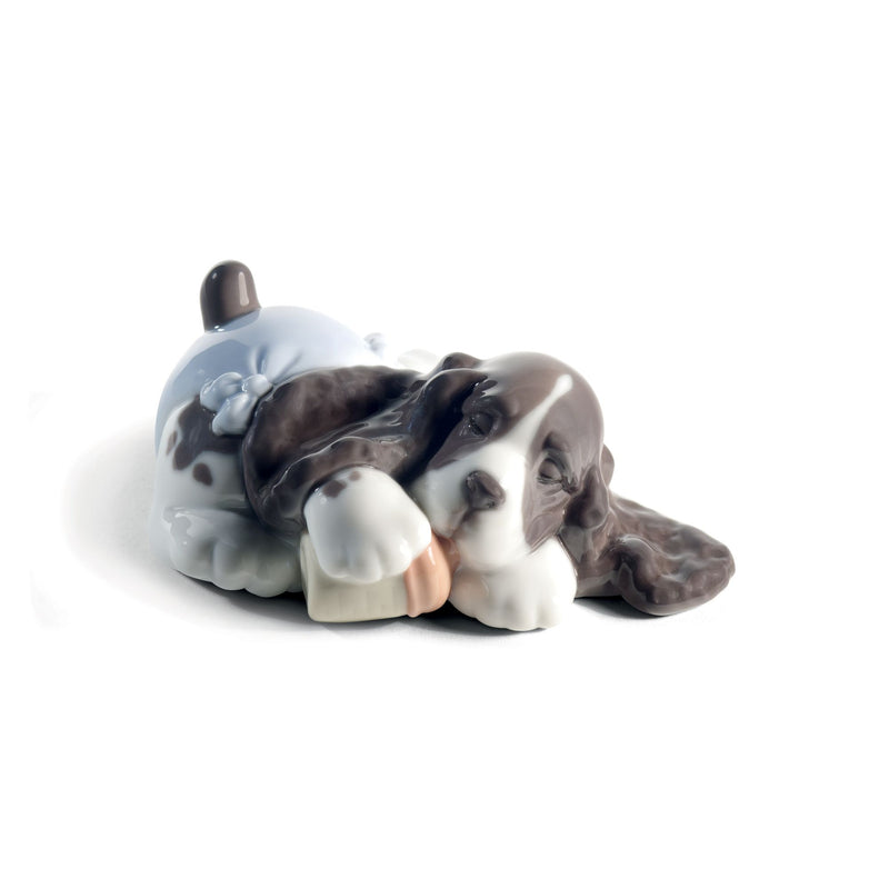 Nao Sweet Dreams porcelain figurine of a sleeping puppy, blue and dark gray details