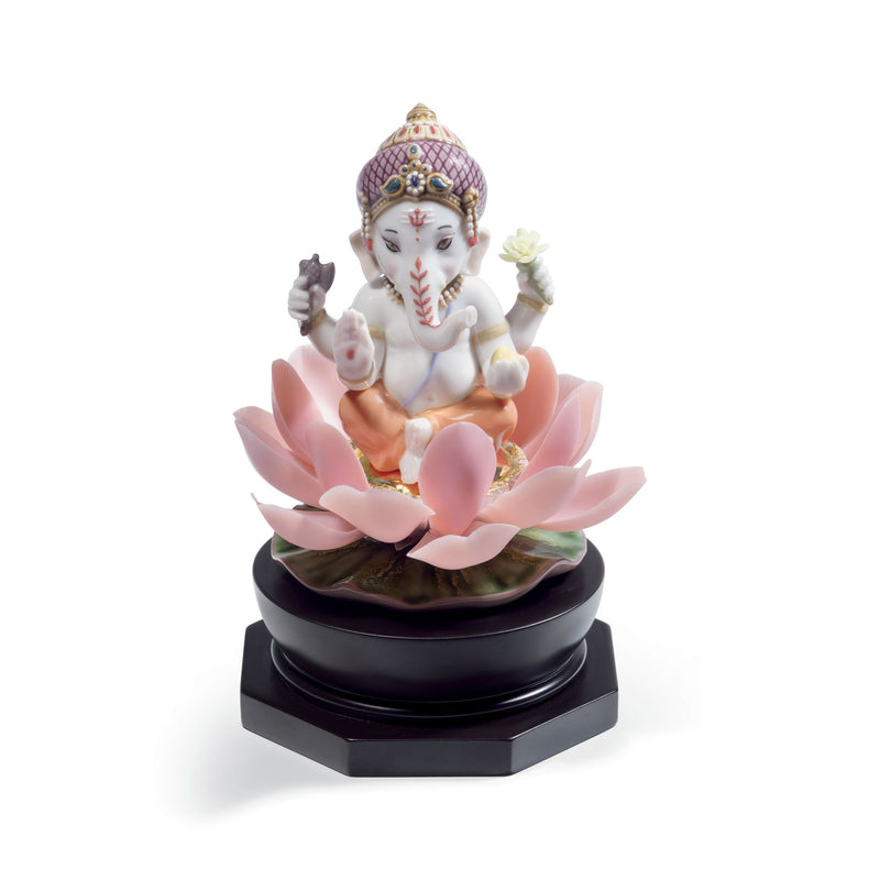 Lladro porcelain Ganesha figurine in lotus pose, ornate multicolor detailing