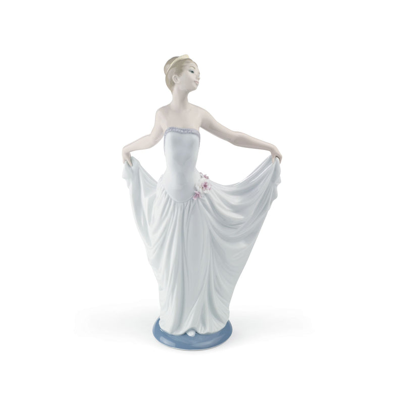 Lladro porcelain dancer figurine, pale blue flowing gown with small pink flower detail