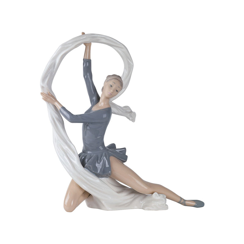 Porcelain dancer figurine with veiled arms, seated pose in dark and light blue dress