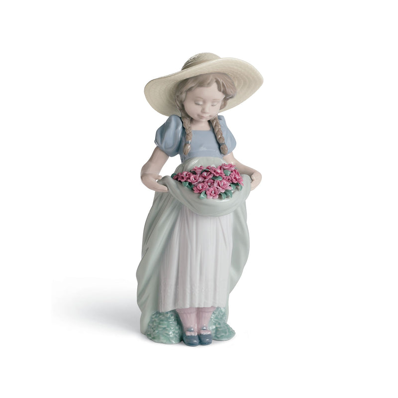 Lladro porcelain figurine girl in bonnet holding pink carnations bowl