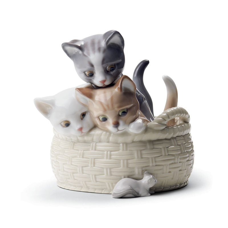 Lladro porcelain kitten figurine with four white-and-gray kittens in a basket