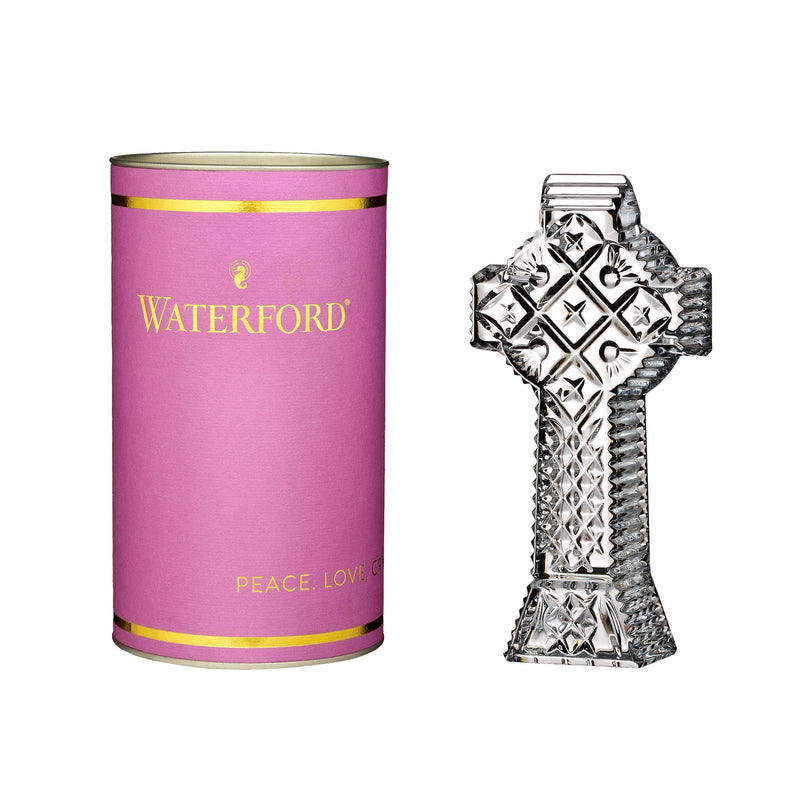 Waterford Crystal Celtic cross figurine, faceted clear glass, shown with purple gift tube
