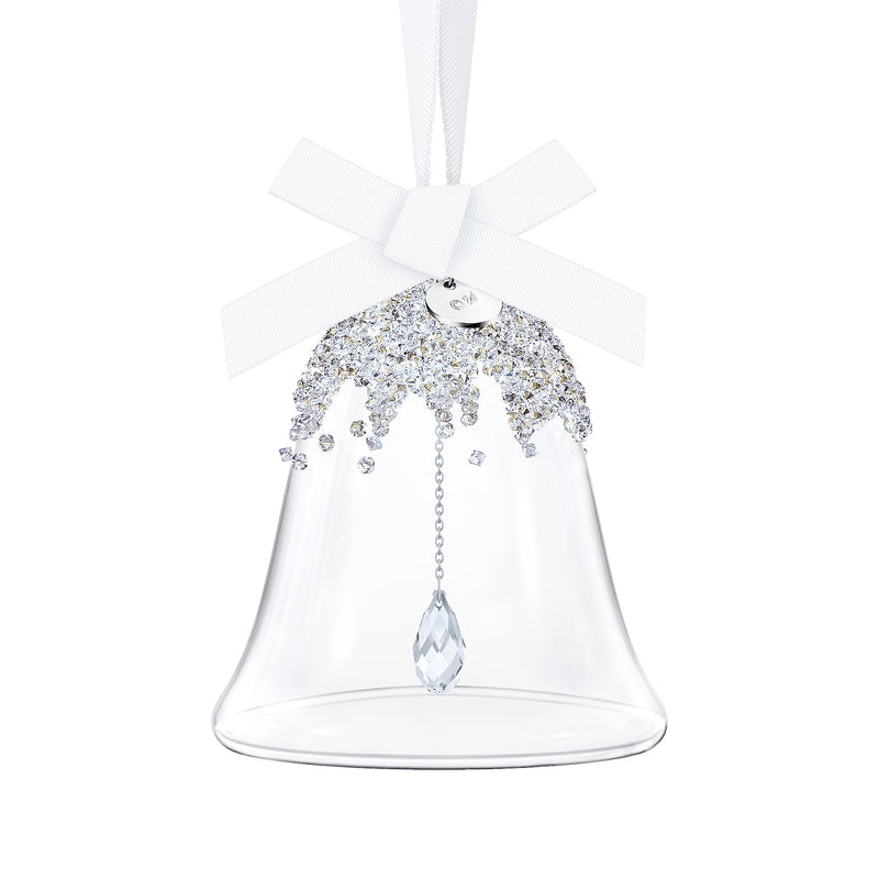 Small crystal bell ornament with clear faceted drops and hanging loop, tied with white bow