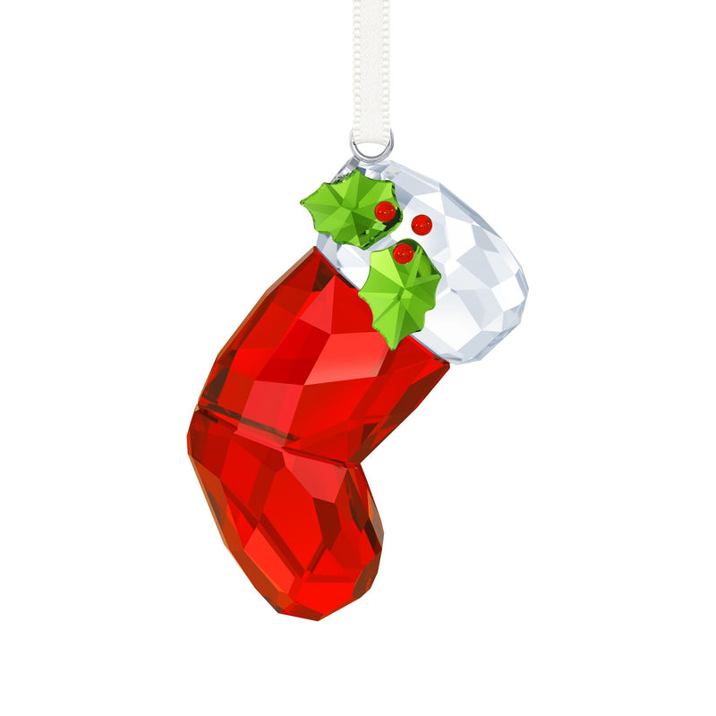 Swarovski crystal stocking ornament in red with green holly, hanging loop